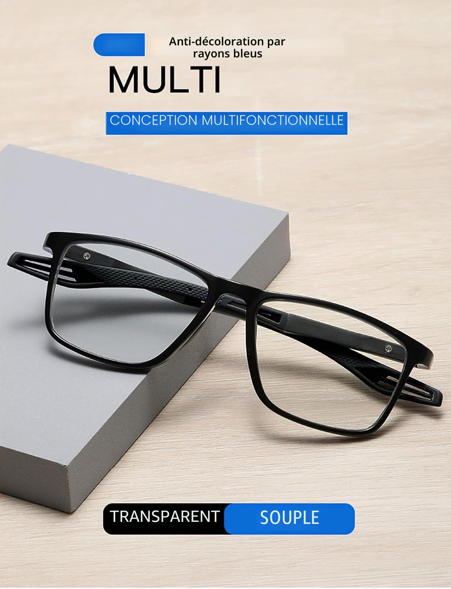Lunettes M4 (-) si la vision de loin est réduite. Verres CR39 antireflets photochromiques (obscurcissement moyen nécessite une exposition directe au soleil en plein air). Anti-lumière bleue