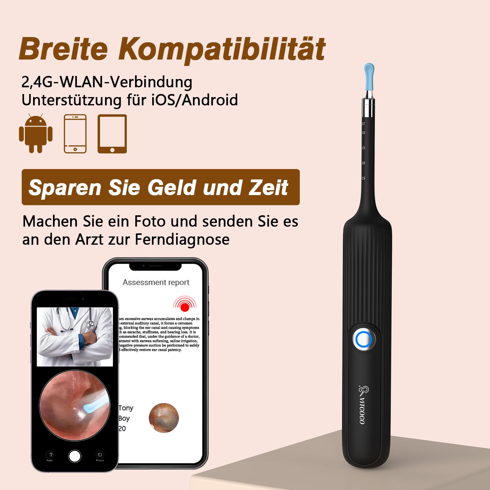 Ohrenschmalz Entferner Otoskop, VITCOCO Flexibel 1080P Wi-Fi Ohrreiniger, 3.1mm Ohrreiniger mit Pinzette, Wasserdicht Ohrenreiniger für Erwachsene, Kinder und Haustier
