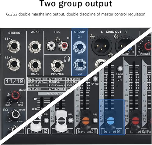Miniatura 5 de W IN-MIX DX12 Mezclador de Audio Profesional DJ de 12 Canales con 99 Efectos DSP, EQ de 7 Bandas, Alimentación Fantasma Independiente de 48V y Botón