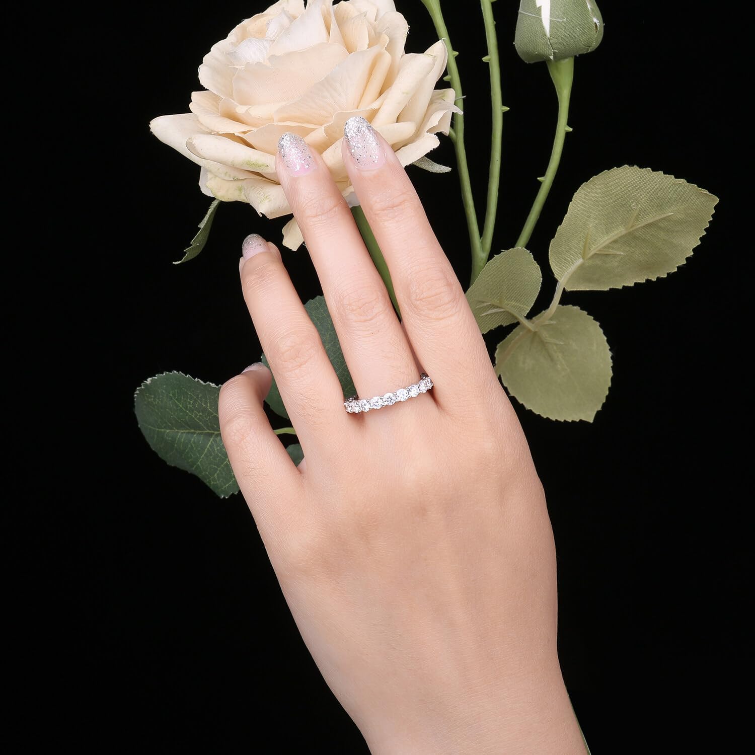 JewelryPalace Genuine Moissanite Wedding Rings for Women, Eternity 14k White Yellow Rose Gold Plated 925 Sterling Silver Promise Ring for Her, Round Cut Simulated Diamond Anniversary Band Ring VVS D-F - Image 5