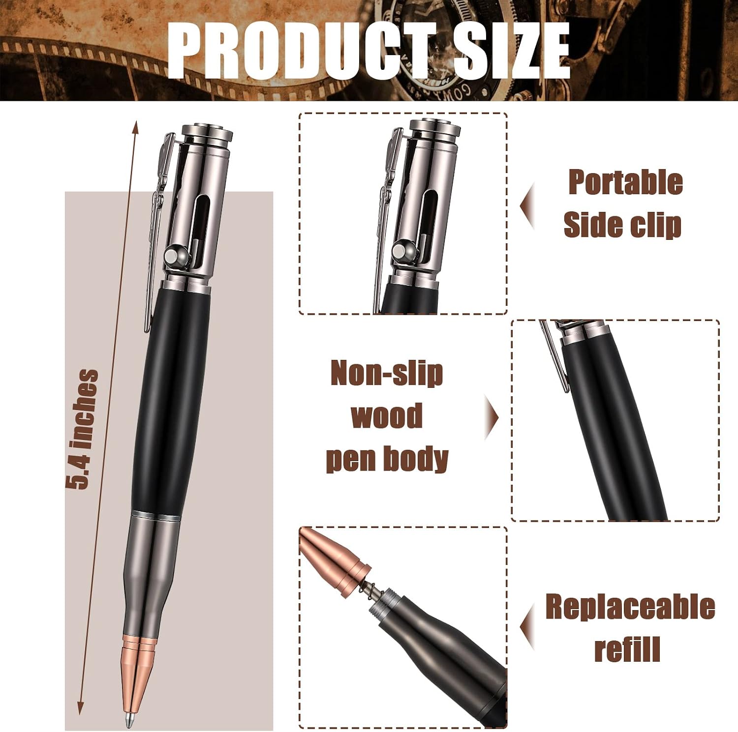 Chinco 2 Pieces Bolt Action Pen Wood Ballpoint Solid Brass Pens Bullet Shaped Metal Pen and 2 Pieces Pens Refills with 2 Present Boxes for Father's Day, Valentine, Birthday, Black Ink (Black, Brown)