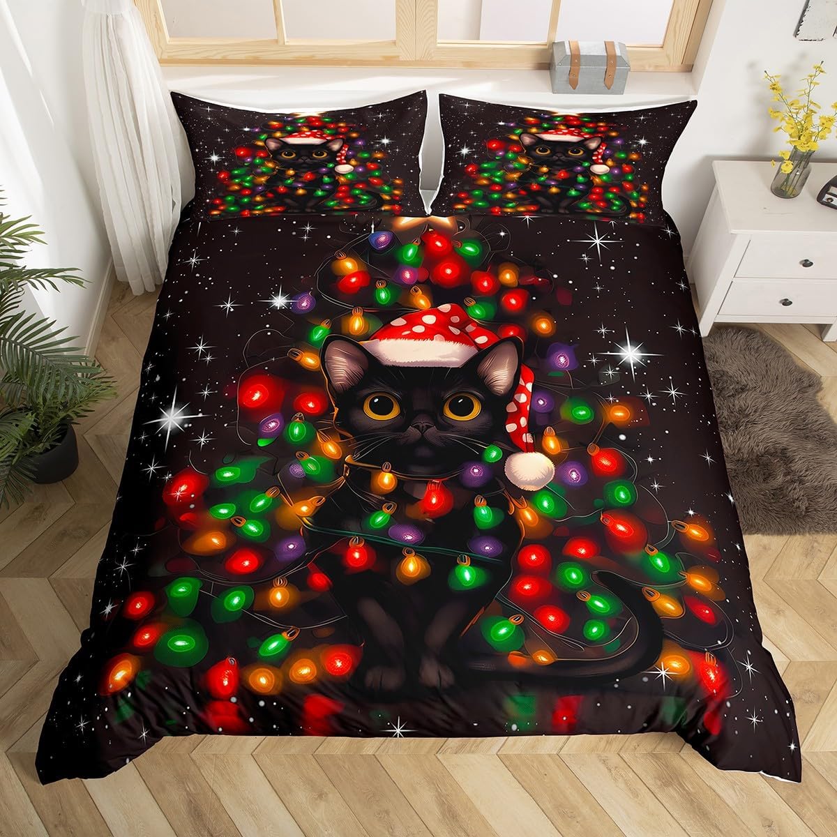 Christmas Cat Black King Size Duvet Cover,Red Green Neon Lights Xmas Pine Tree