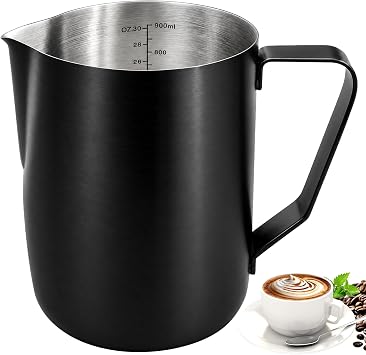 Large Milk Frothing Pitcher 30oz/900ml, Stainless Steel Milk Frother Cup For Home, Office & Kitchen -Black