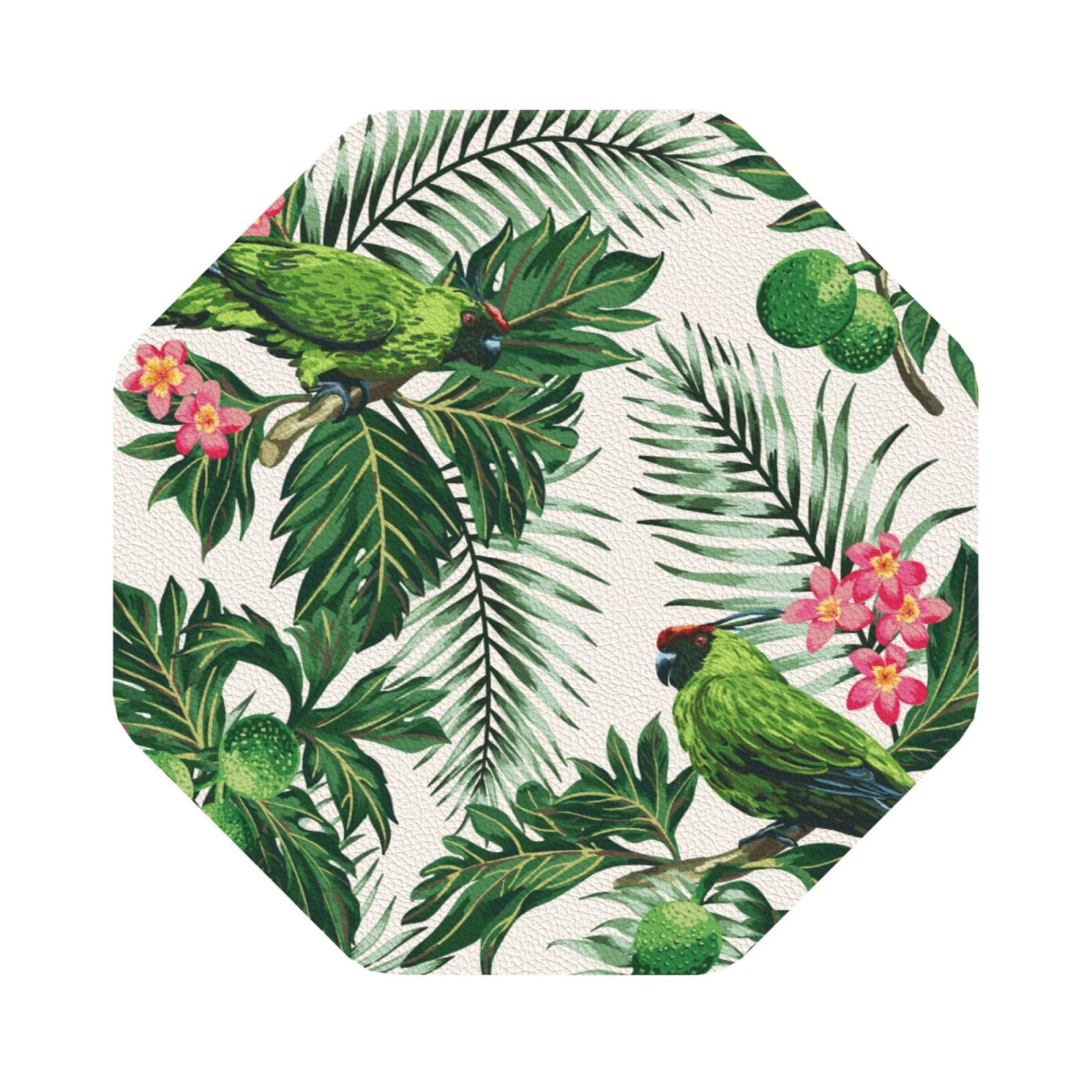 Couple Parrots Olive PU Leather Coasters Set of 6 Octagon Drink Coasters