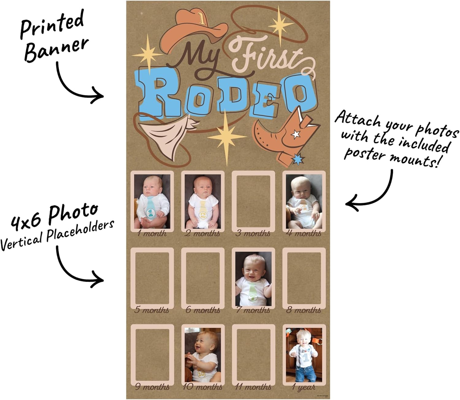 Big Dot of Happiness My First Rodeo Kraft Photo Banner, 1-12 Month Brown Paper Photo Display Timeline for 4x6 Pictures, Cowboy 1st Birthday Party Decorations, Vertical Memory Wall Banner – 1 Ct