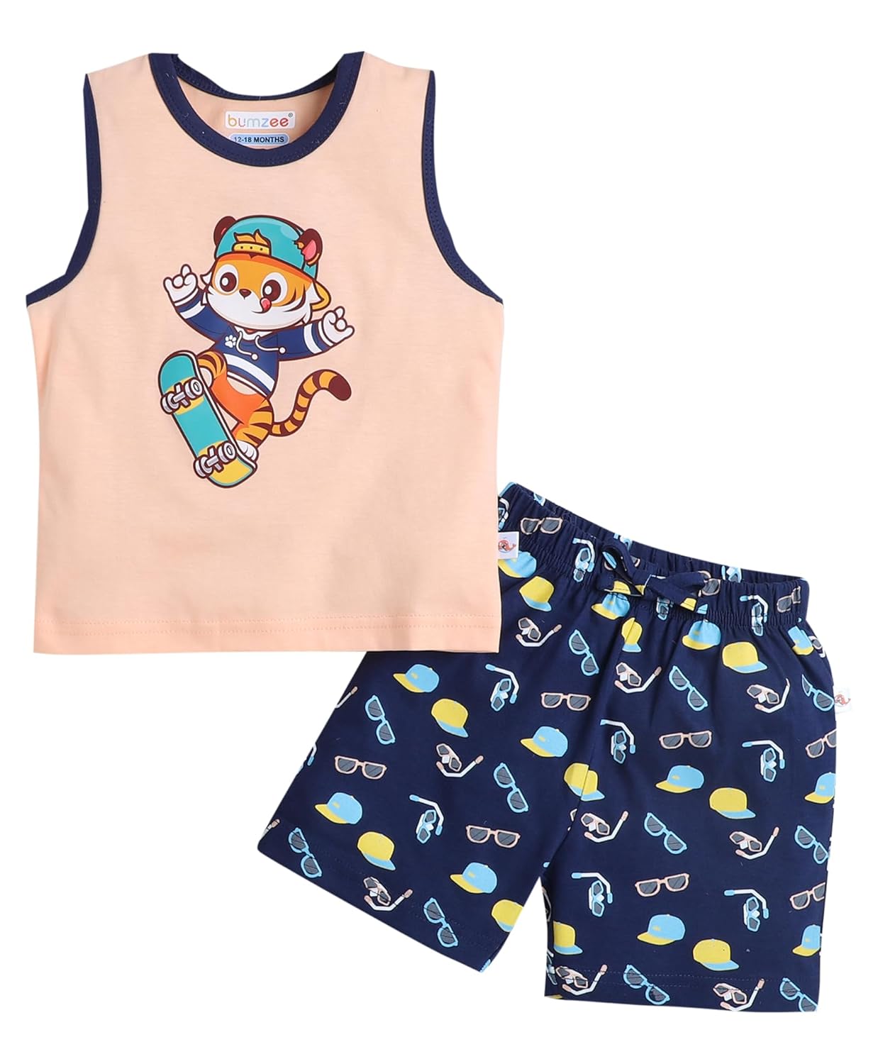 BUMZEE Navy & Peach Boys Sleeveless T-Shirt & Short Set (Peb9230)