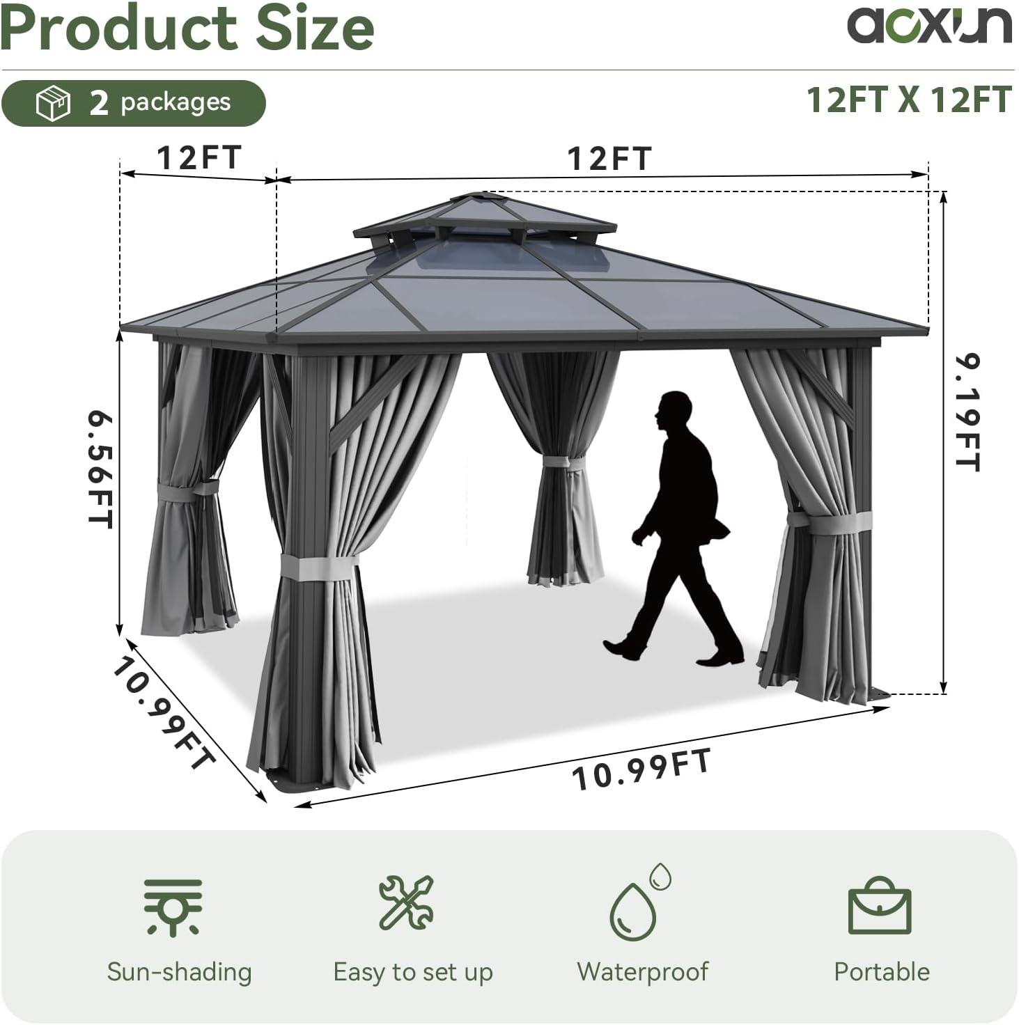 Close-up details of the Aoxun gazebo showing the triangular structure for sturdiness, velcro straps for curtains, and anchoring bolts for stability.