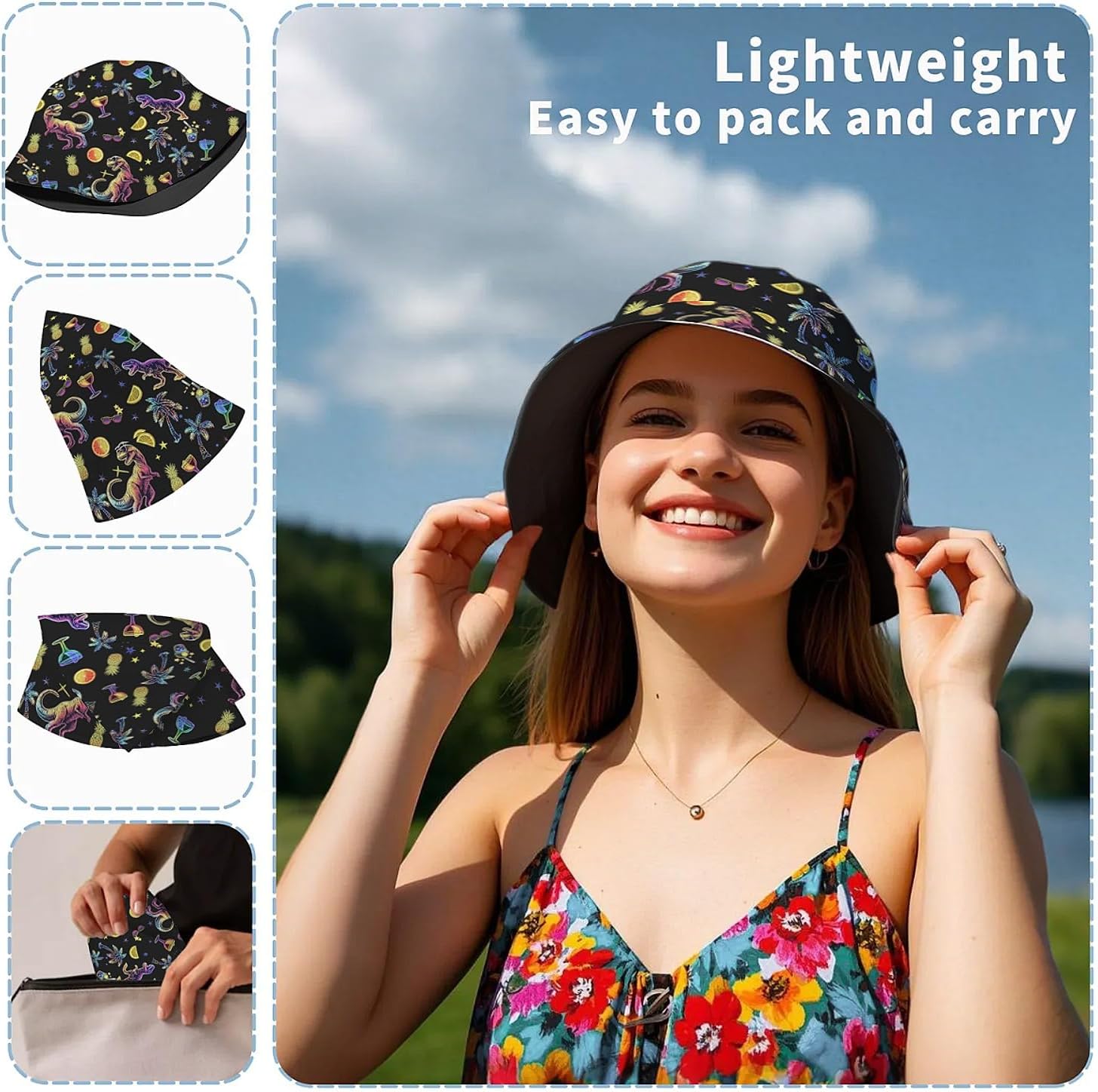 Amasnay Funny Bucket Hat Cotton Double-Side-Wear Reversible Sun Hat for Women Men, Summer Vacation Travel Beach Fisherman Hat