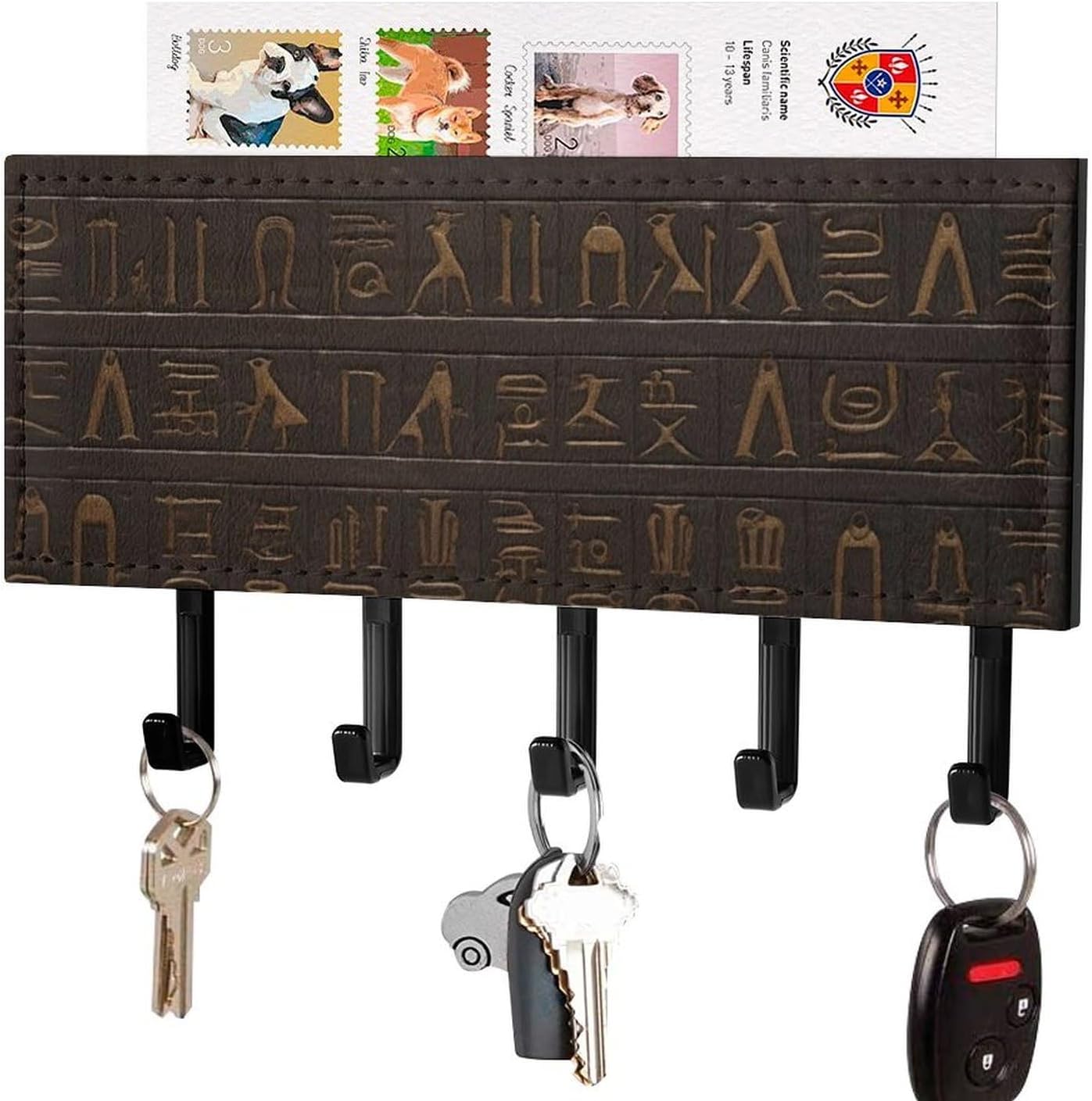 Ancient Egyptian Hieroglyph Key Holder Wall Mount, Adhesive Key Rail Rack Hanger Holder Black with 5 Hooks, No Drill, Keys Chain Organizer for Living Room, Front Door, Hallway, Office