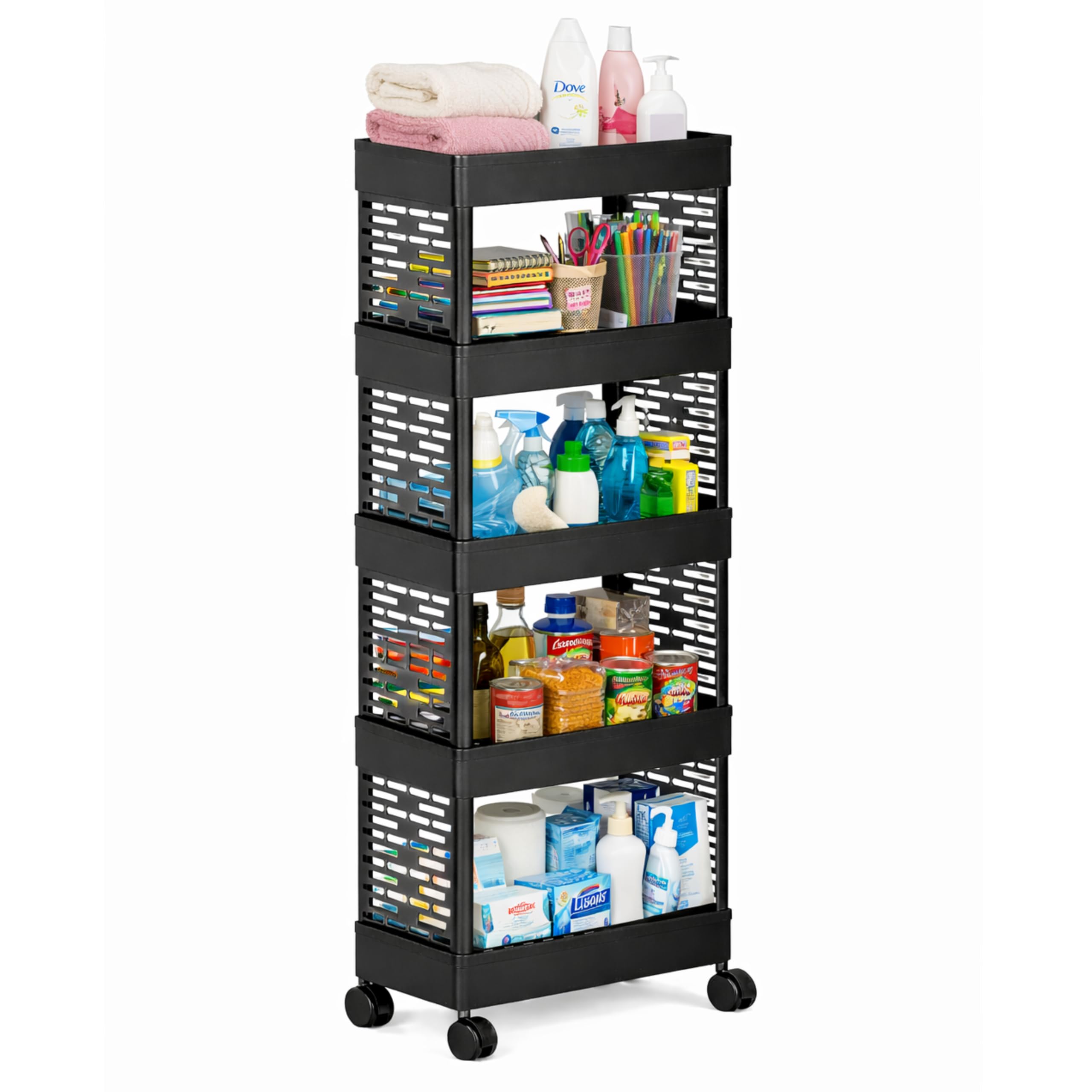 WONJU Multipurpose Standing Shelf Organizer for Home & Office | Space-Saving Vertical Storage Shelf for Books, Decor & Daily Essentials (Black, Black Plastic Rack 5, 5)-image-0