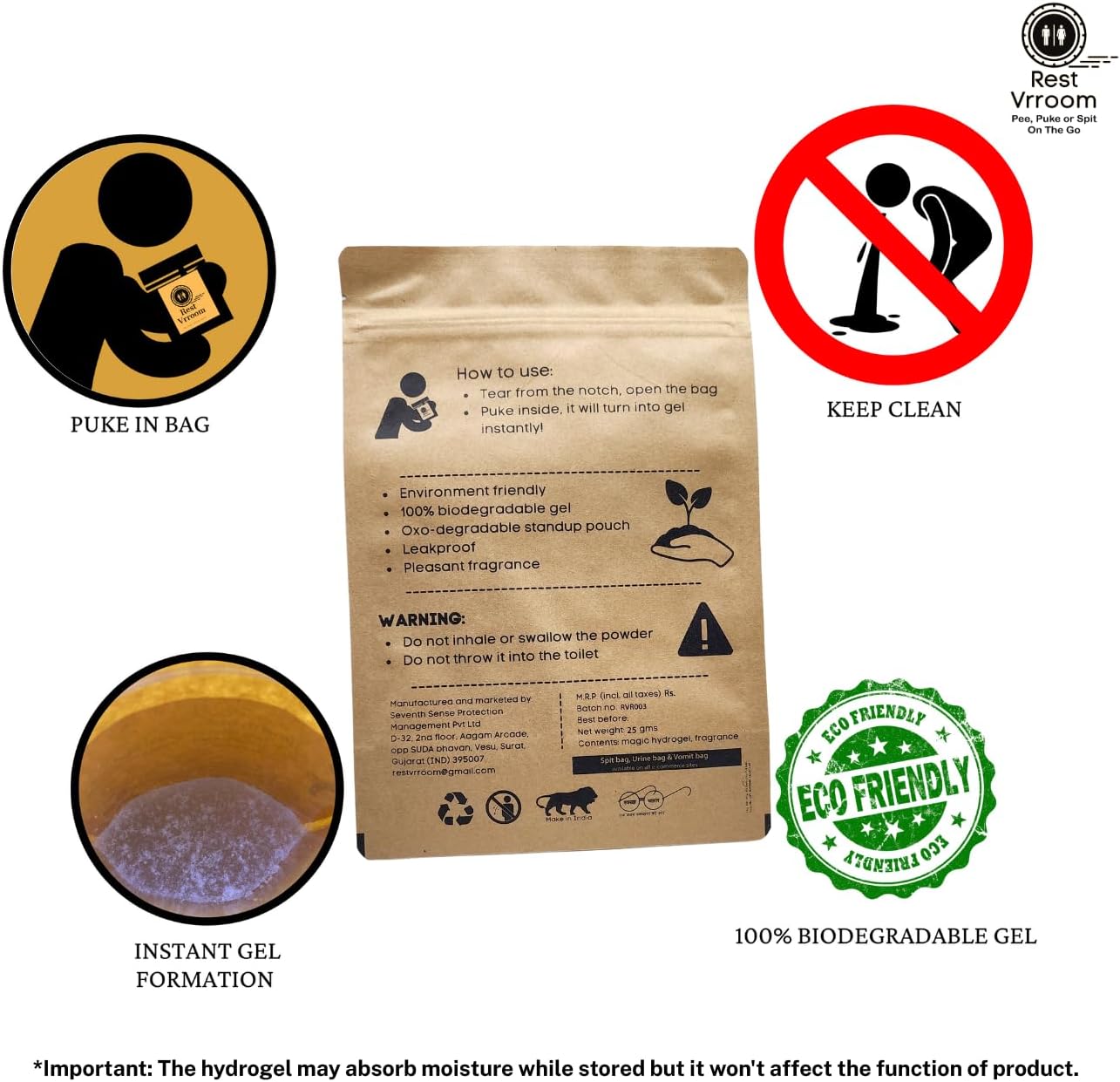 Disposable Vomit Bags By 'Rest Vrroom' It Converts Fluids Into The Fragrant Gel for Travel Motion Sickness Issue, (Pack of 1-25 PCS)