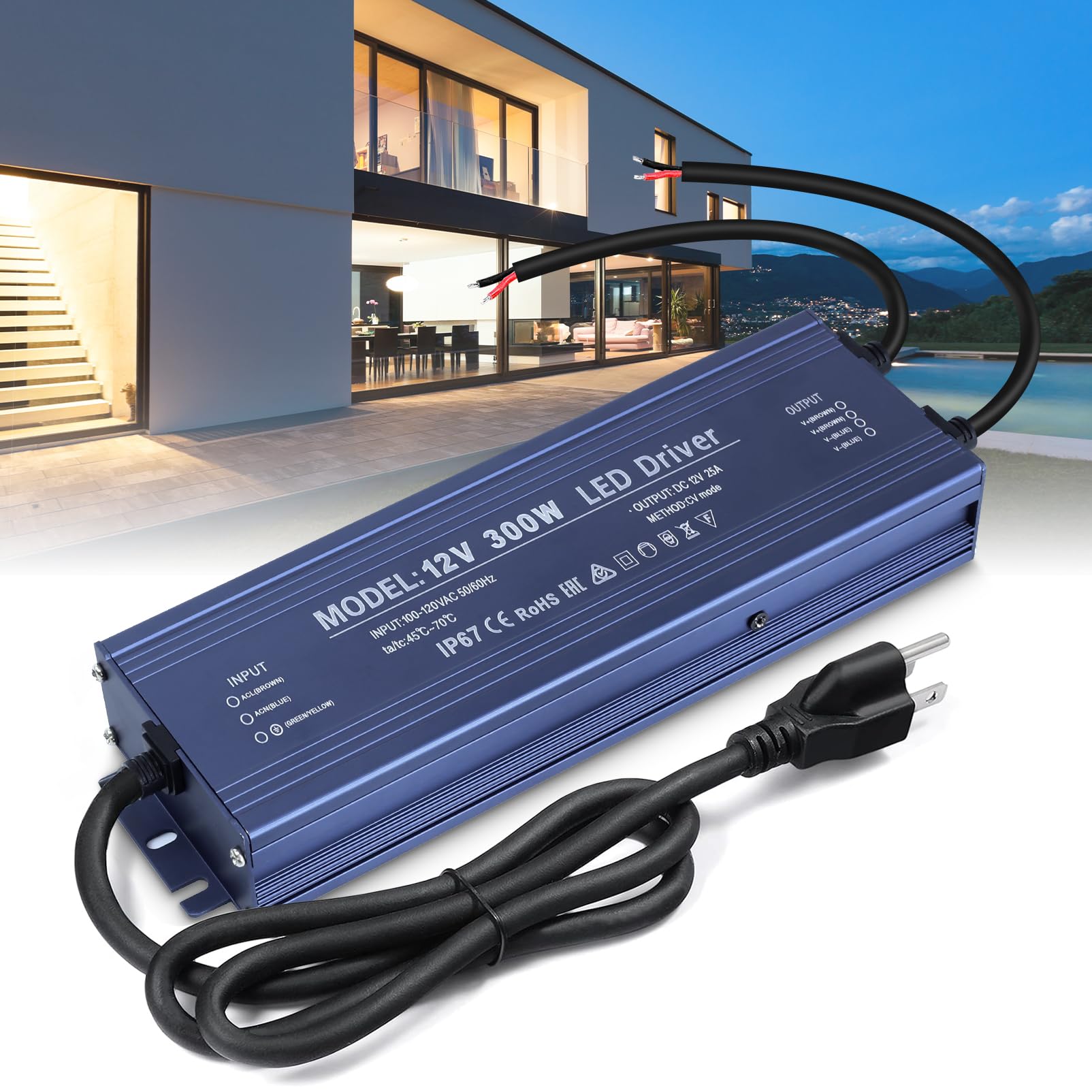 LED Driver 12V, BRIMETI LED Power Supply 300W Waterproof IP67 Transformer Adapter 110V AC to 12V DC Converter Low Voltage Output with 3-Prong Plug 3.3 Feet Cable for Outdoor Light Strip, 25 Amp