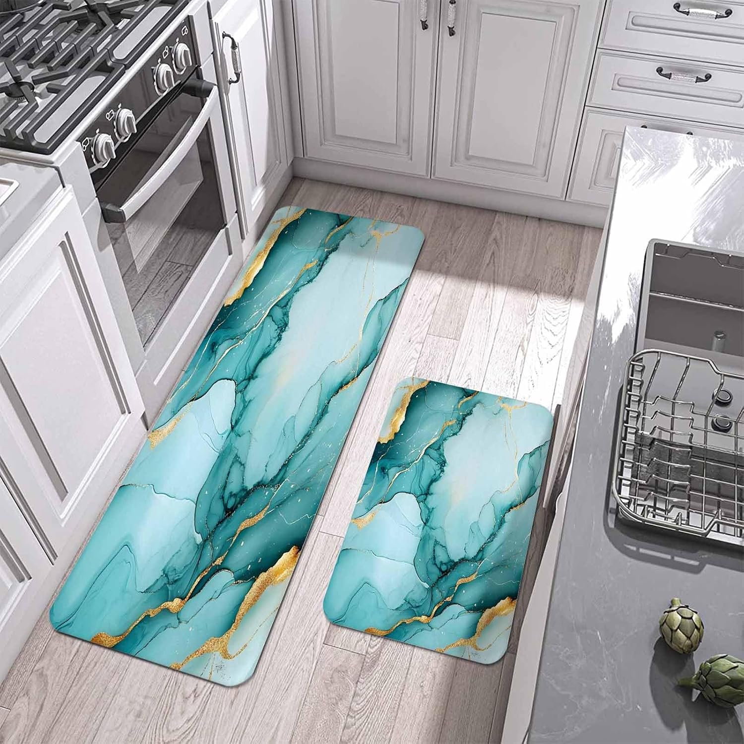 Prime Leader Abstract Marble Texture Kitchen Mat Set 2 Pieces Teal Gold Gradient Art Non Slip Kitchen Rugs Washable Runner Rug Mats for Sink Laundry (19.7" x 31.5"+19.7" x 47.2")