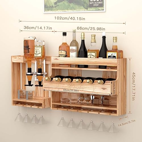 Miniatura 2 de ybaymy Estante para vino montado en la pared con dispensador de licor de 2 botellas, estante de madera para vino con soporte para botellas y vasos,