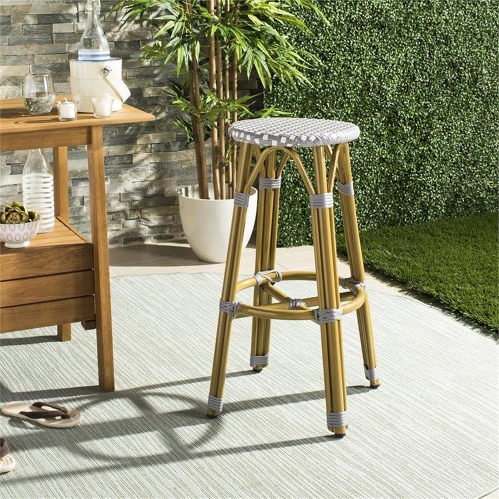 Pemberly Row 30" Wicker/Rattan Bistro Bar Stool, Gray/White Pattern, Light Brown Frame, Weather-Resistant Indoor/Outdoor Seating, French Style for Kitchen, Patio, or Bar
