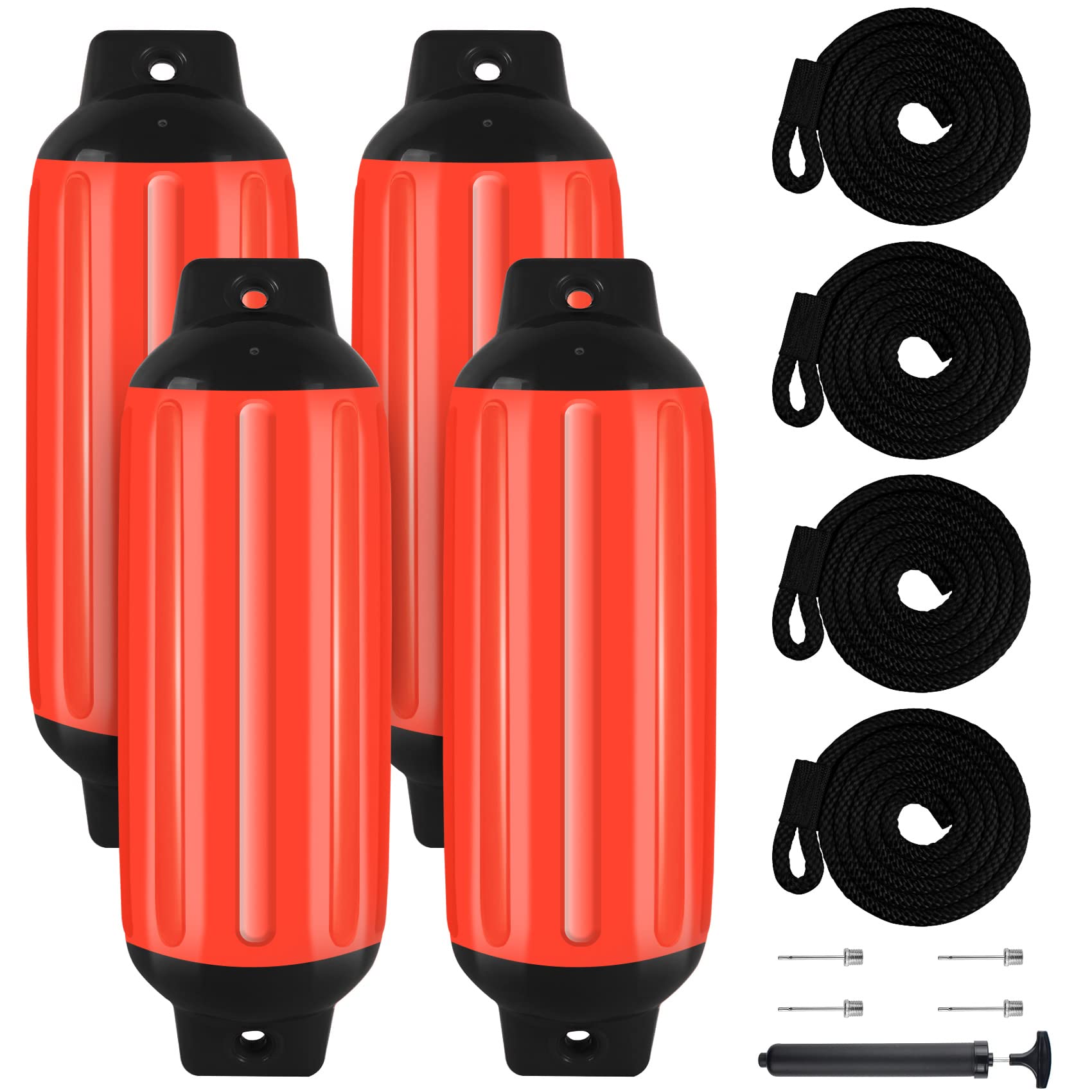 VEITHI Boat Fenders 4Pack, Ribbed Twin Eyes Vinyl Boat Fender Bumpers, Boat Bumpers for Docking, Come with Ropes Needles and Pump to Inflate (3 Sizes,Multiple Colors Available)