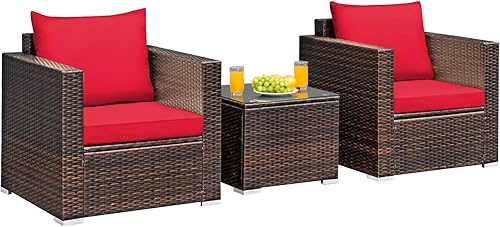 Tangkula Juego de muebles de patio de 3 piezas, juego de muebles de ratán para conversación al aire libre con cojín lavable y mesa de vidrio