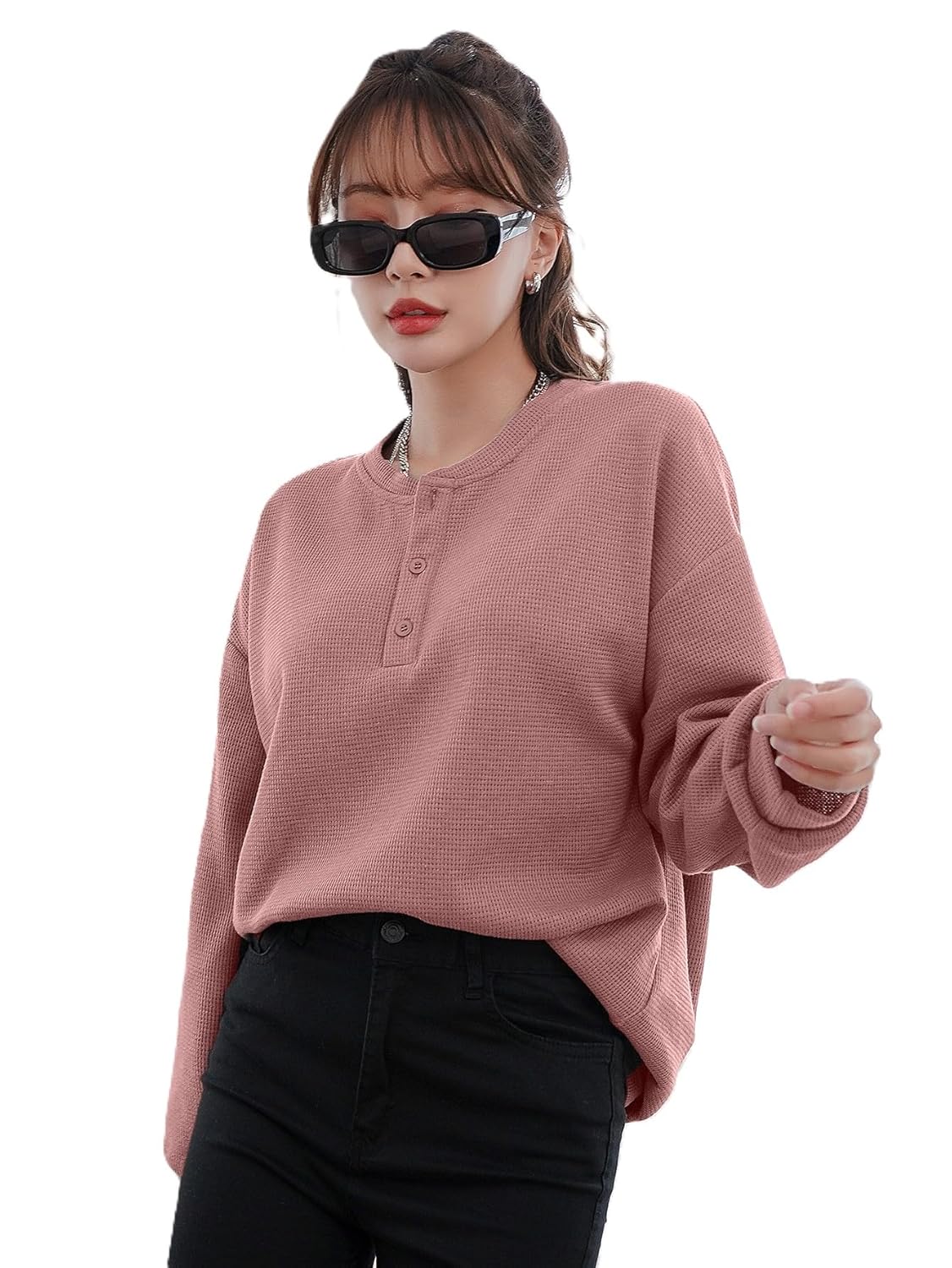 Women Fashion Trendy Waffle Button Down Neck Top Long Sleeves Long Top for Women Formal, Casual, Office, Date, Outing, Party Tops