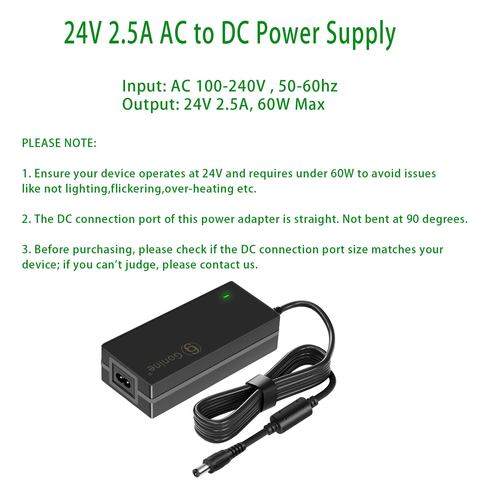 Gonine 24V 2.5A DC Power Supply Adapter, AC 100-240V 50-60Hz to 24Volts 2.5Amps Transformer for 24Vdc 0.1A~2.5A 1A 1.5A 2A Devices.