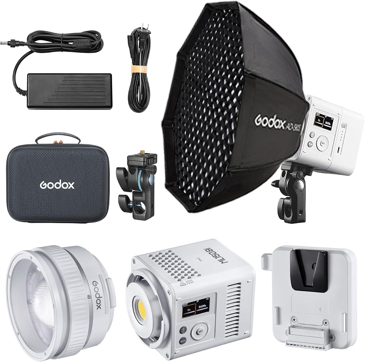 Luz de vídeo LED bicolor Godox ML150Bi con kit de iluminación Softbox ADS60S | CRI96 TLCI96+, APP/NFC/DMX, montaje Godox, reflector de zoom, adaptador de montaje en V, para exteriores, retratos, fotografía de bodas