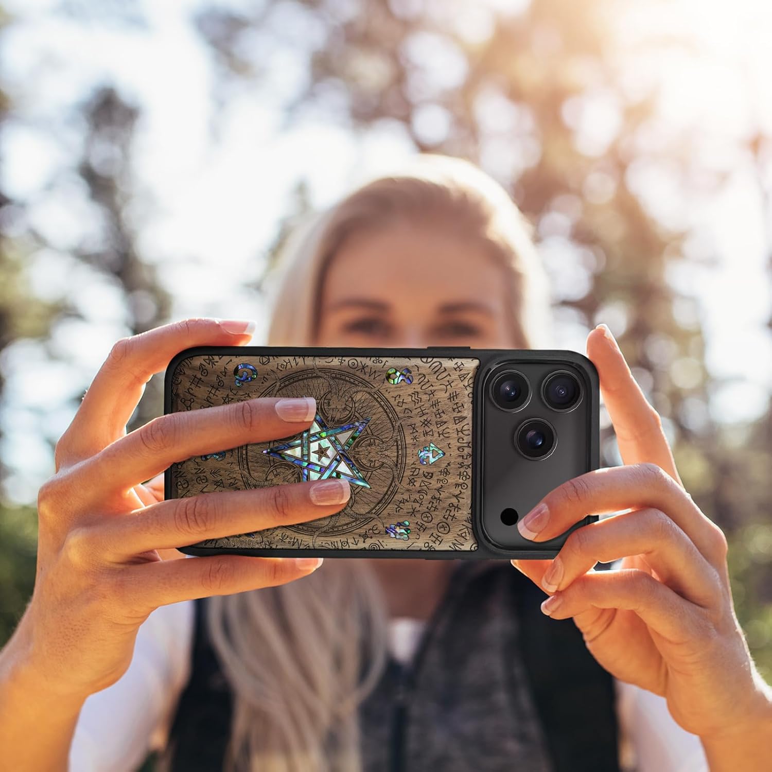 Carveit Magnetic Case for iPhone 17 Pro Case, Wood Artisan Engraved & Handmade Shell Inlaid, TPU Shockproof Cover, Compatible with MagSafe Wireless Chargers (Whisper of The Abyss-Walnut)