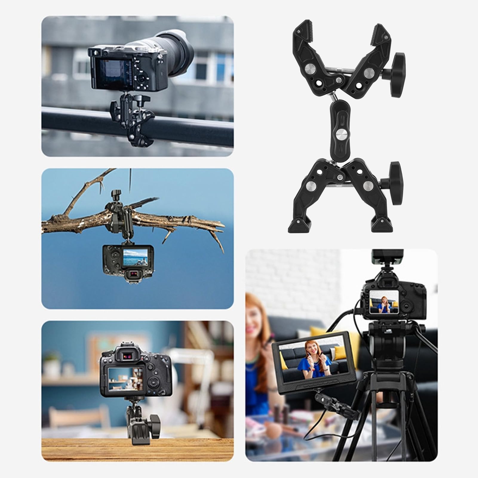 PYUDKLSMN Supporto per fotocamera a doppio super morsetto, morsetto doppio in lega di alluminio con testa sferica e interfacce da 1/4 e 3/8 di pollice, adattatore robusto a morsetto per