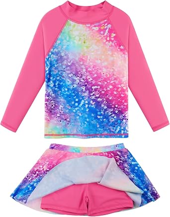 Girls Two-Piece Long Sleeve Swimsuits UPF50+ Rash Guard Kids Bathing Suit