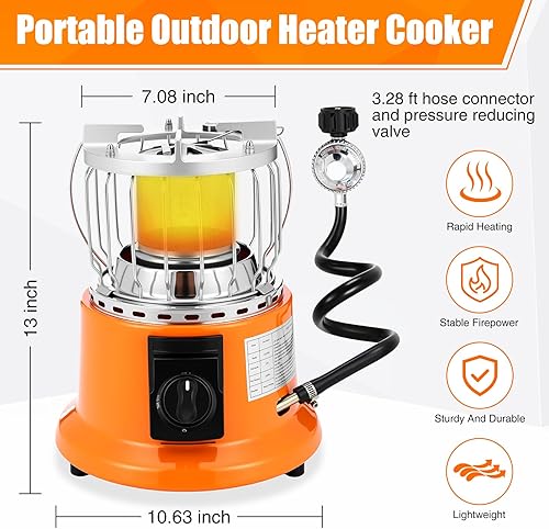 Miniatura 2 de Calentador de propano 2 en 1, 6000 Btu, calentador portátil para acampar al aire libre, estufa de gas con manguera y válvula reductora de presión