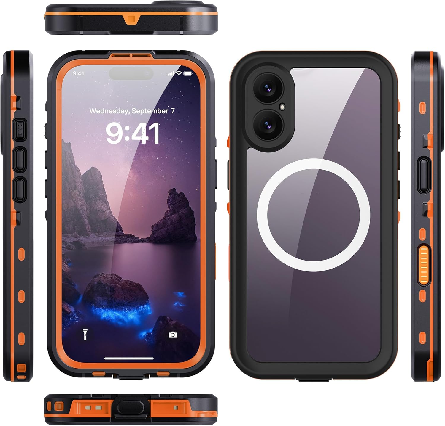 Underwater Phone Case for iPhone 17, Protective Cover with Camera Control Button, IP68 Waterproof Dustproof, Military Grade Drop Protection,Orange