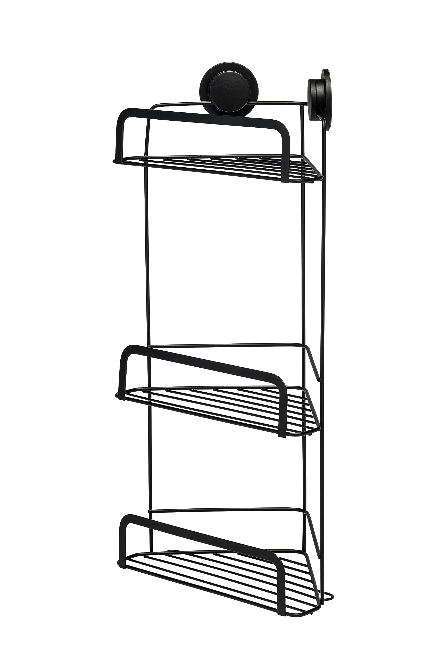 Croydex Stick 'N' Lock Three Tier Black Shower Caddy - Corner Shower Shelf No Drilling Bathroom Storage Solution with Sticky Pad Easy-Clean 5 Year Rust-Free Guarantee, Mild Steel