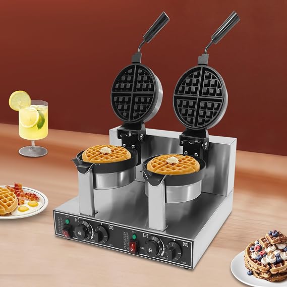 Double Heads Waffle Maker Machine, 110V 2400W Waffle Making Machine Commercial Non-stick Round Waffle Maker for Bakery Restaurant Snack Bar Household