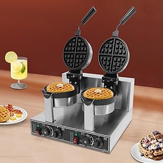 Commercial Waffle Maker, 110v Waffle Machine with 2 Independent Non-Stick Plates, 2400w Double Round Waffle Iron Maker, Waffle Machine for Restaurant, Hotel, Breakfast and Food Truck