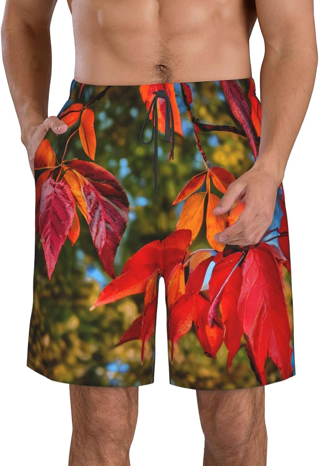Fall Red Leaves and Fruits Print Mens Casual Shorts Drawstring Summer Beach Stretch Shorts Novelty Swimtrunks
