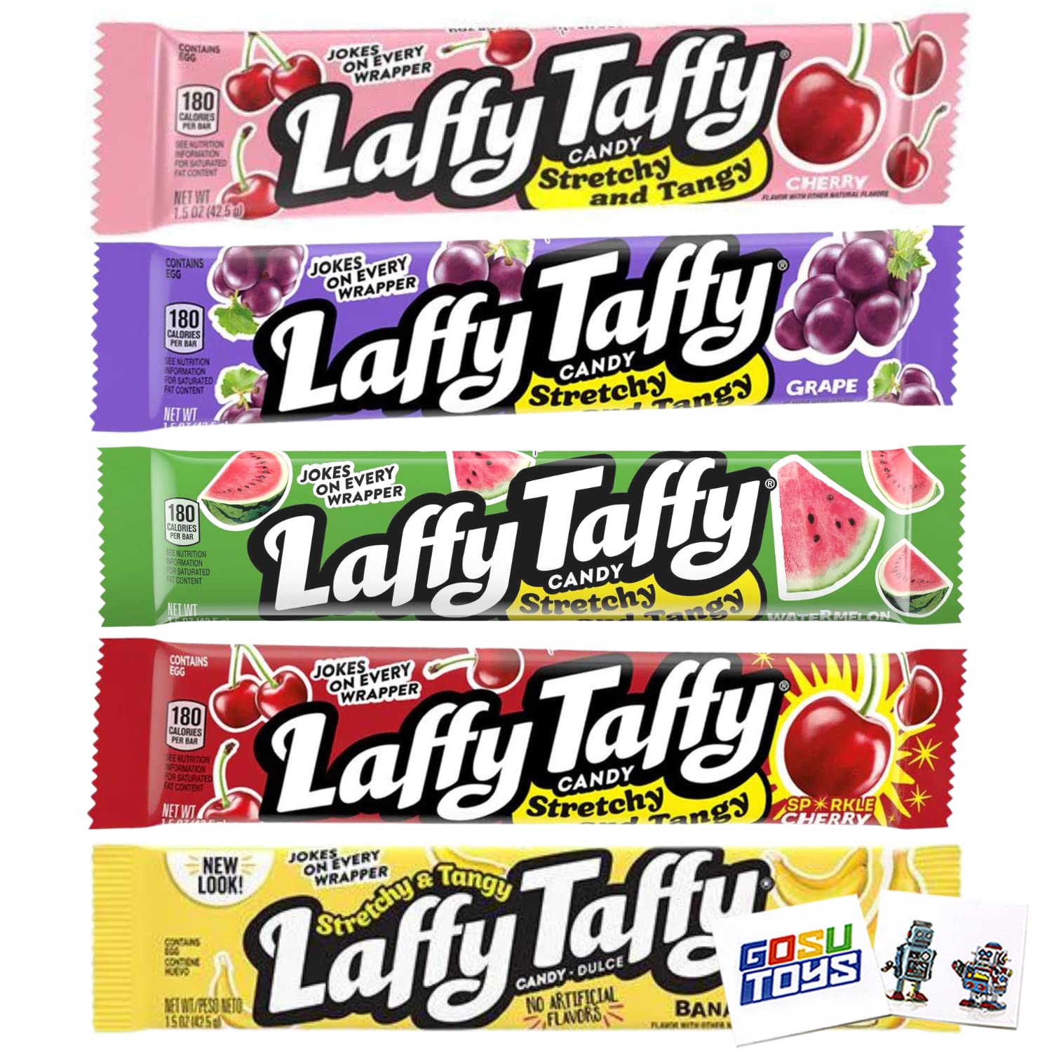 Laffy Taffy Candy Bar (5 Pack) Banana, Cherry, Grape, Sparkle Cherry, Watermelon with 2 Gosutoys Stickers : Grocery & Gourmet Food
