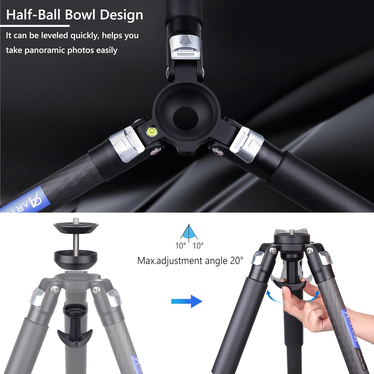 ARTCISE ET80C Carbon Fiber Tripod, 32mm Tube Heavy Duty Camera Tripod with 65mm Bowl Adapter, Max Load 44lbs/20kg, 63in Height for Telephoto Lens(Free Stone Bag+Magic Arm+Phone Clip)