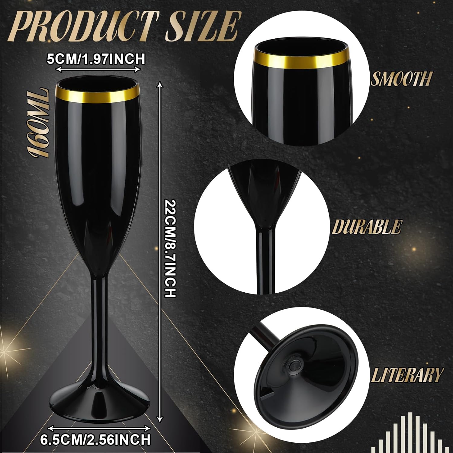 Domensi 40 Pcs Champagne Flutes Bulk 6 oz Christmas Acrylic Wine Glasses Toasting Goblet Unbreakable Plastic High Stem Champagne Cups for Wedding Birthday Party (Black and Gold)