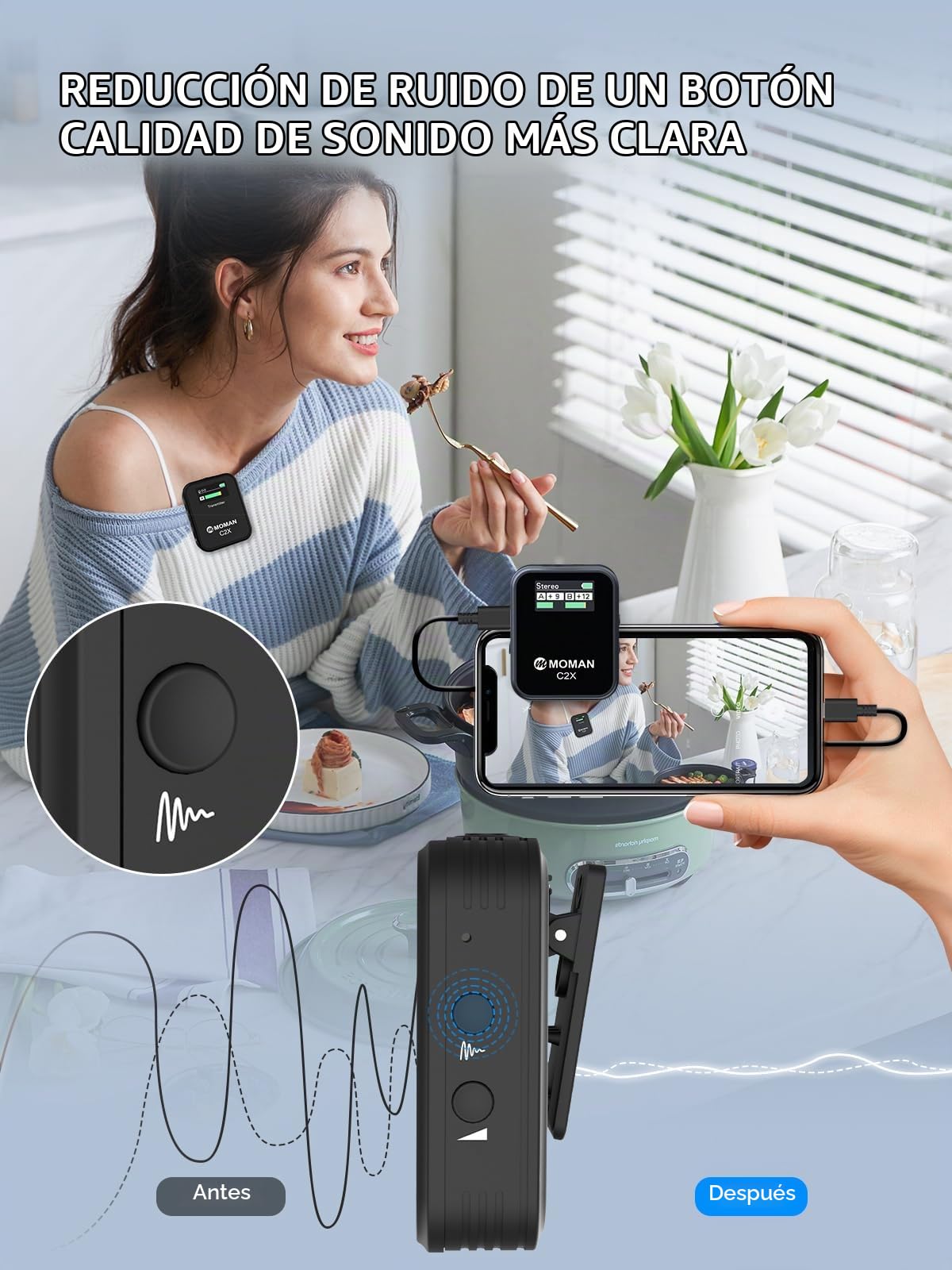 Moman Micrófono Solapa Inalámbrico Profesional, C2 Wireless Mic con Pantalla TFT para DSLR Cámara Móvil Videocámara Laptop y Tablet, Microfono-Inalambrico-Solapa-Micro-Corbata