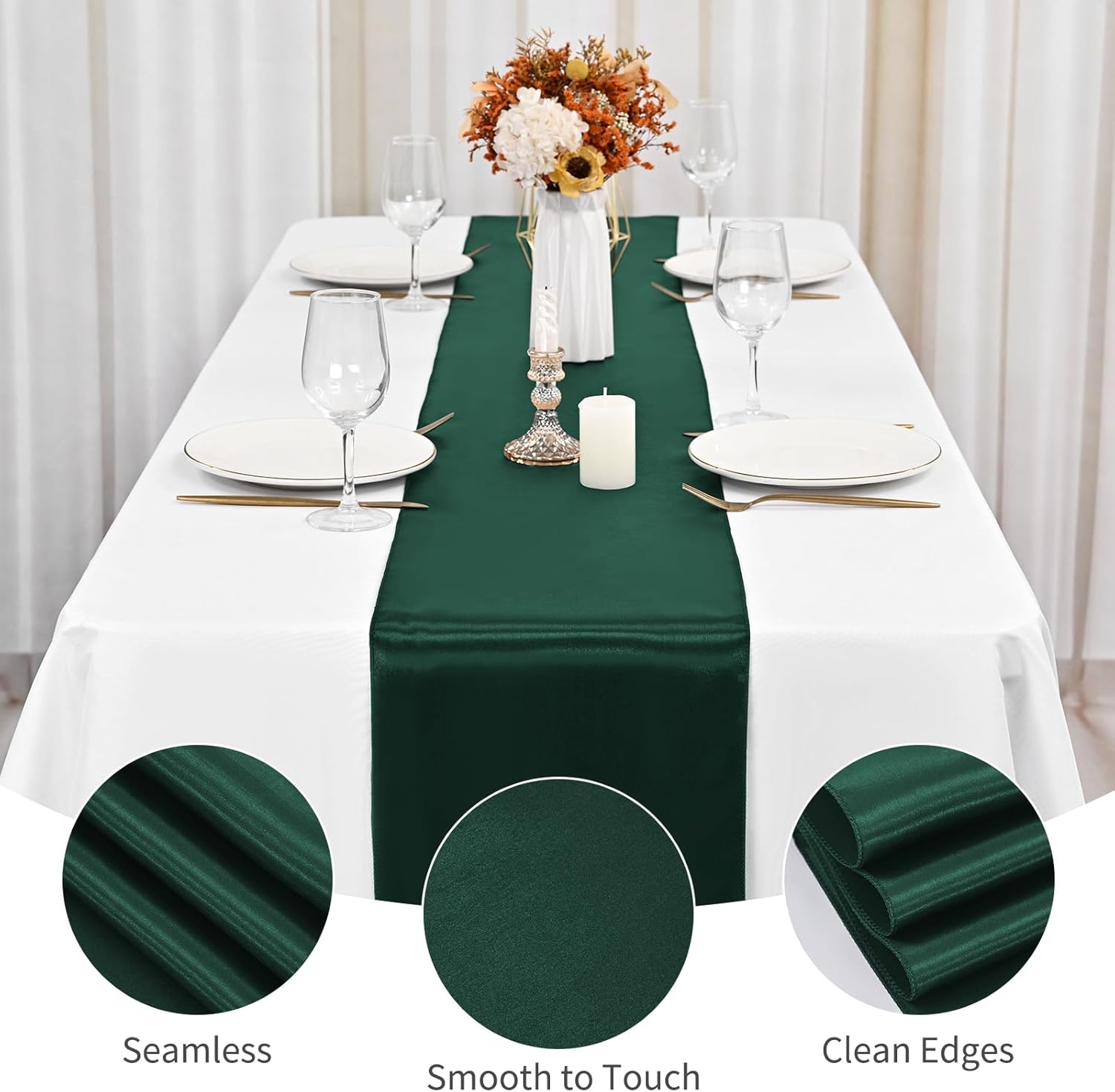 20 Pack Satin Table Runner 12 x 108 Inch Emerald Green Table Runner fit Rectange and Round Table,Long Premium Satin Silk Table Runners for Wedding,Birthday Banquets Engagements Party Decoration