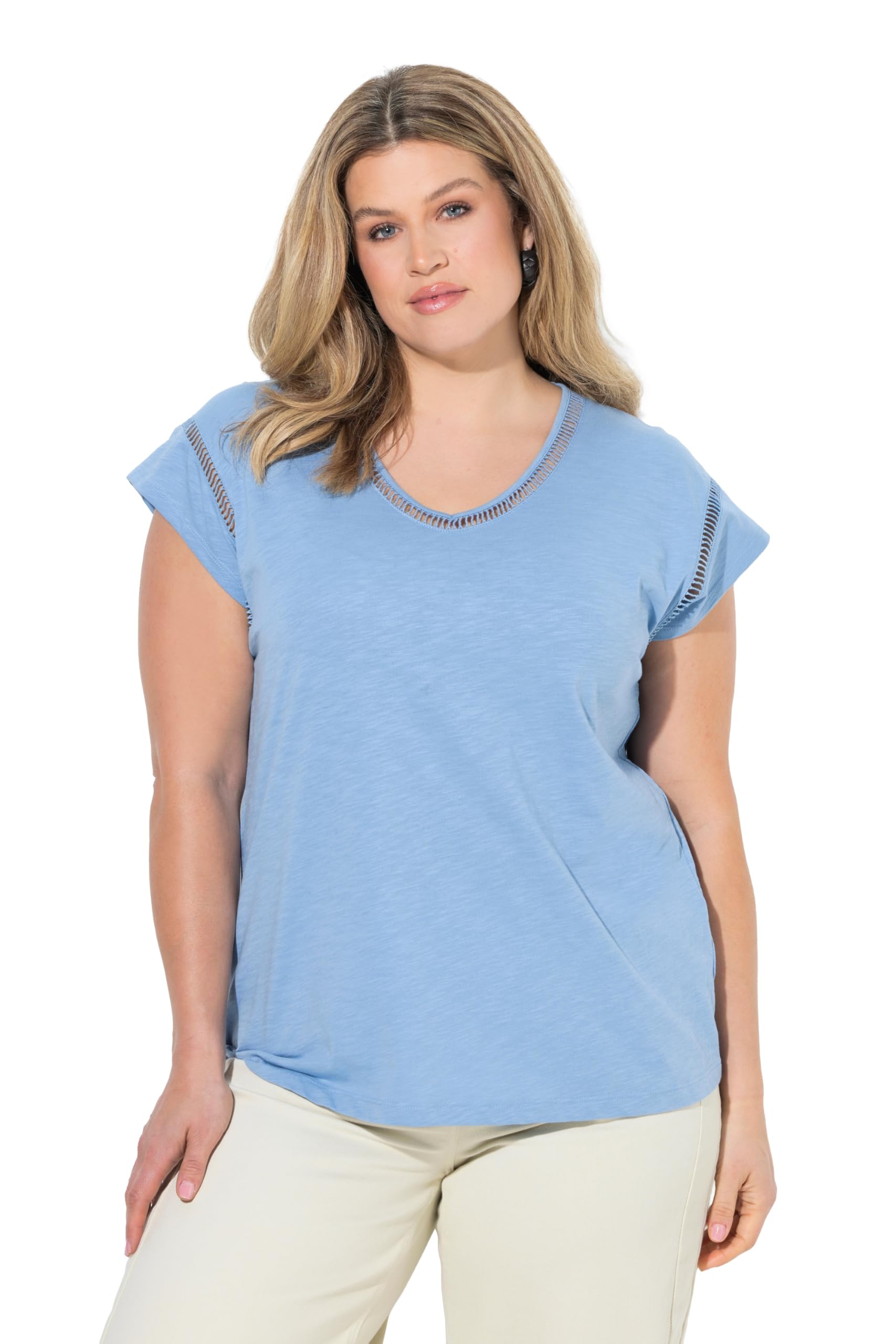 Ulla Popken Damen große Größen Übergrößen Plus Size T-Shirt, Oversized, V-Ausschnitt, Halbarm, Biobaumwolle 802896