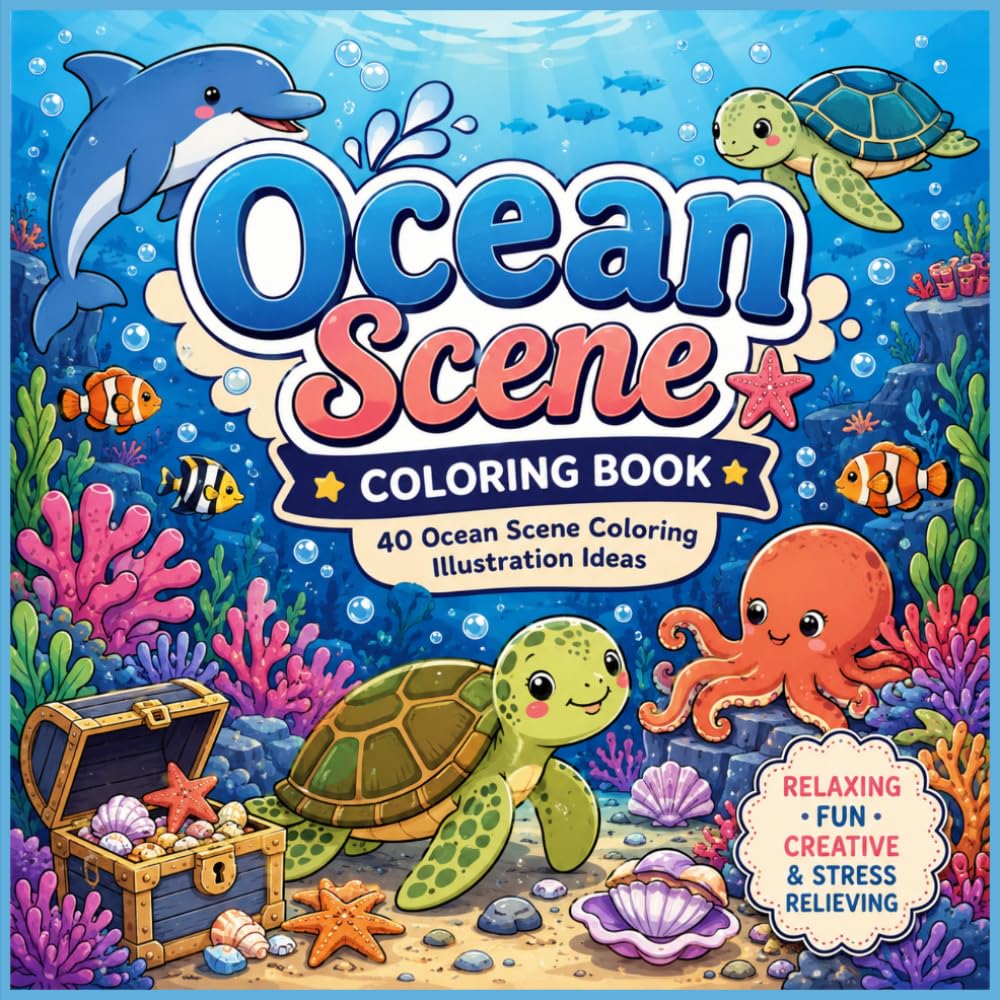 Ocean Cozy Scene Coloring Book: 40 Cute & Relaxing Ocean Illustrations for Stress Relief, Creativity & Fun