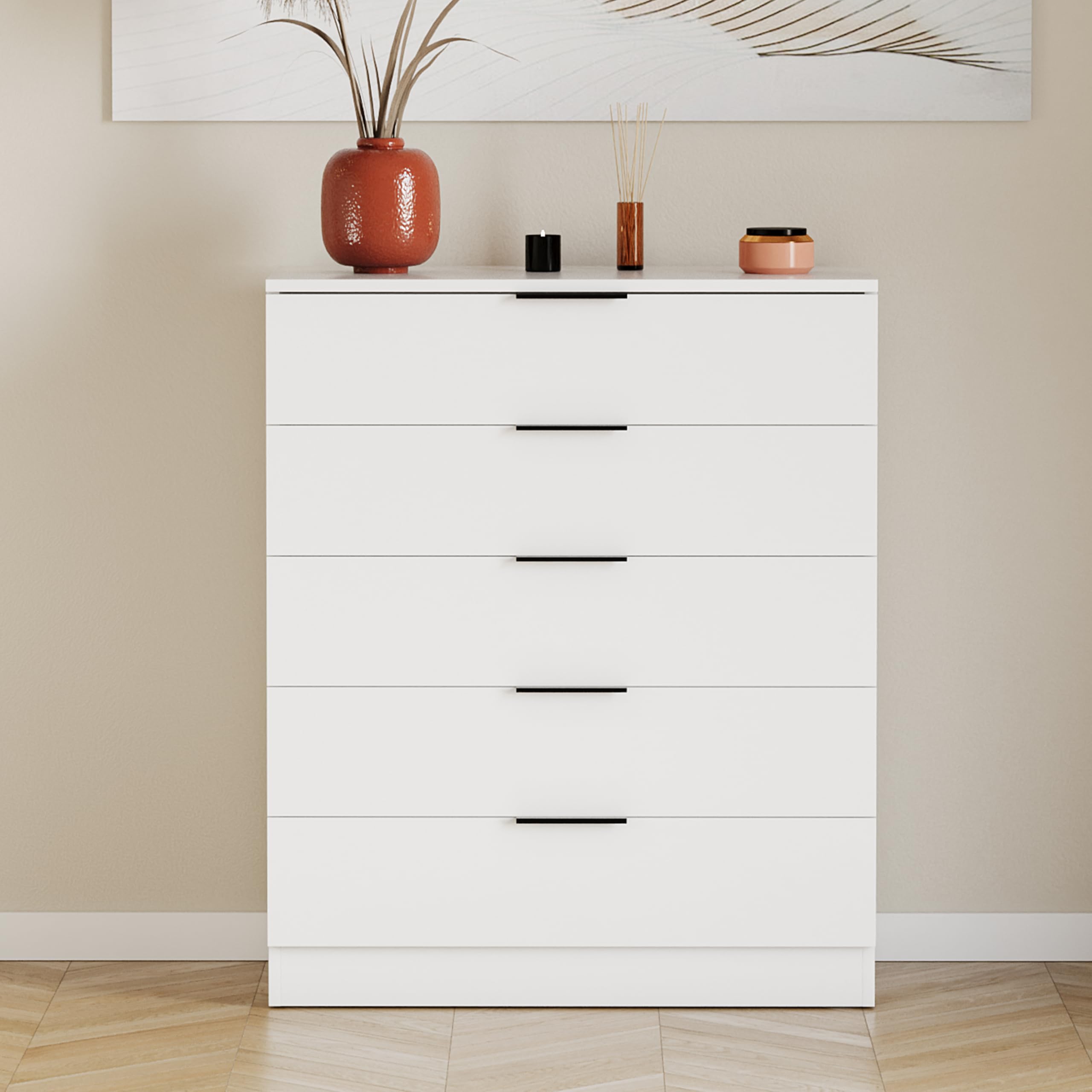 Vida Designs Trega Kommode mit 5 Schubladen | Weiß | 90 H x 66 B x 36 T cm | Platzsparende Stauraumeinheit | Schubladenstütze gegen Durchbiegen | Minimalistische | Leichtgängige Schubladenführungen