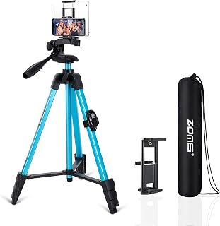 Phone Tripod, 54'' Video Tripod with 360 Panorama Pan Head, 1/4'' Screw, 2-in-1 Phone and Tablet Holder and Remote Shutter for Photo/Travel/Live Streaming, Compatible with iPhone/Android/Camera(Blue)
