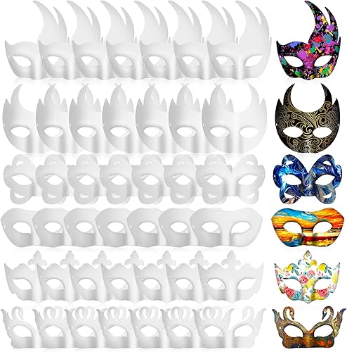 Leyndo Paquete de 48 máscaras de papel maché para manualidades, máscaras en blanco para Halloween, máscara pintable de media cara, Mardi Gras,