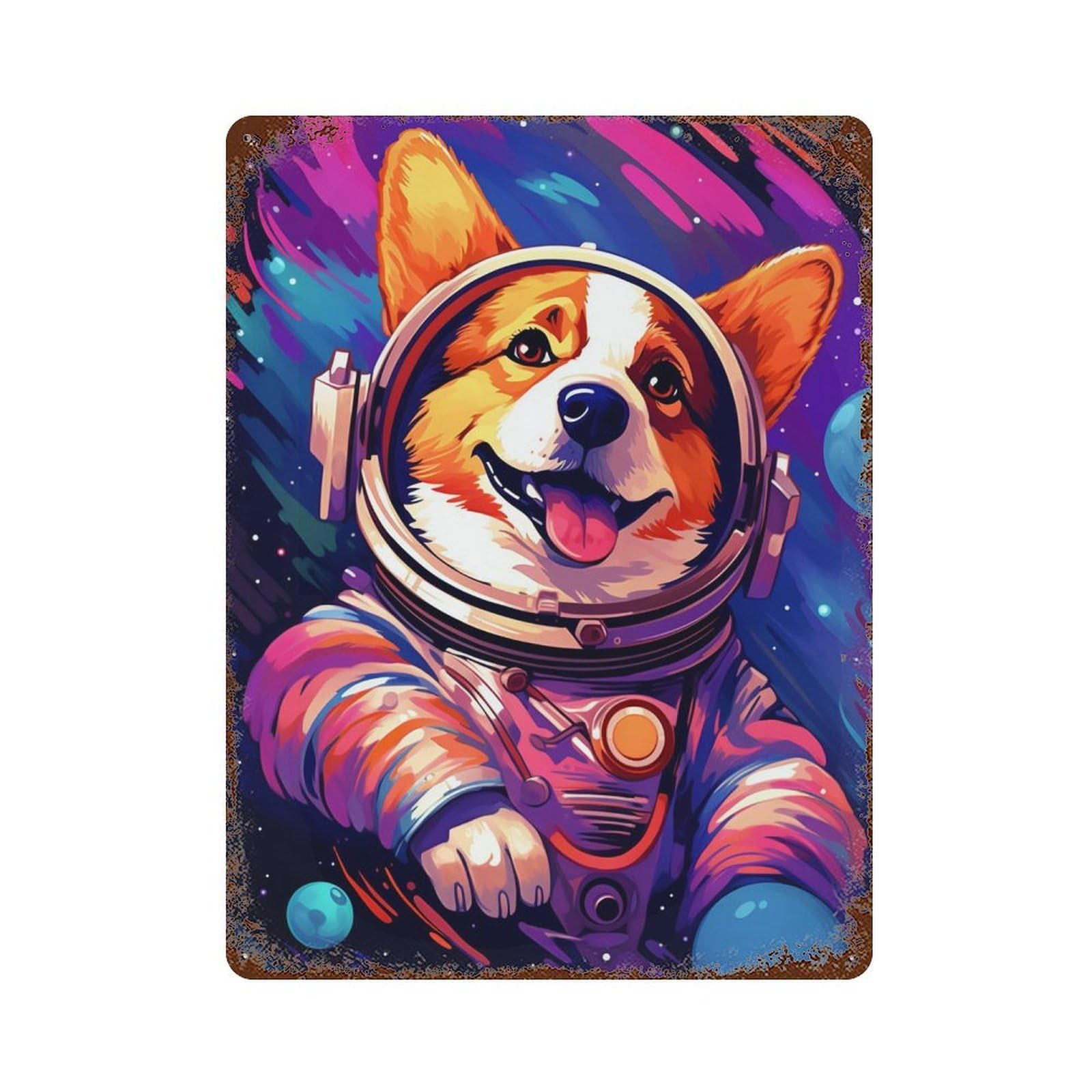 Corgi Astronaut in Space -6 Aged Metal Wall Plaque 15.7"x11.8", Rustic Home Decor for Garage, Pub Or Kitchen
