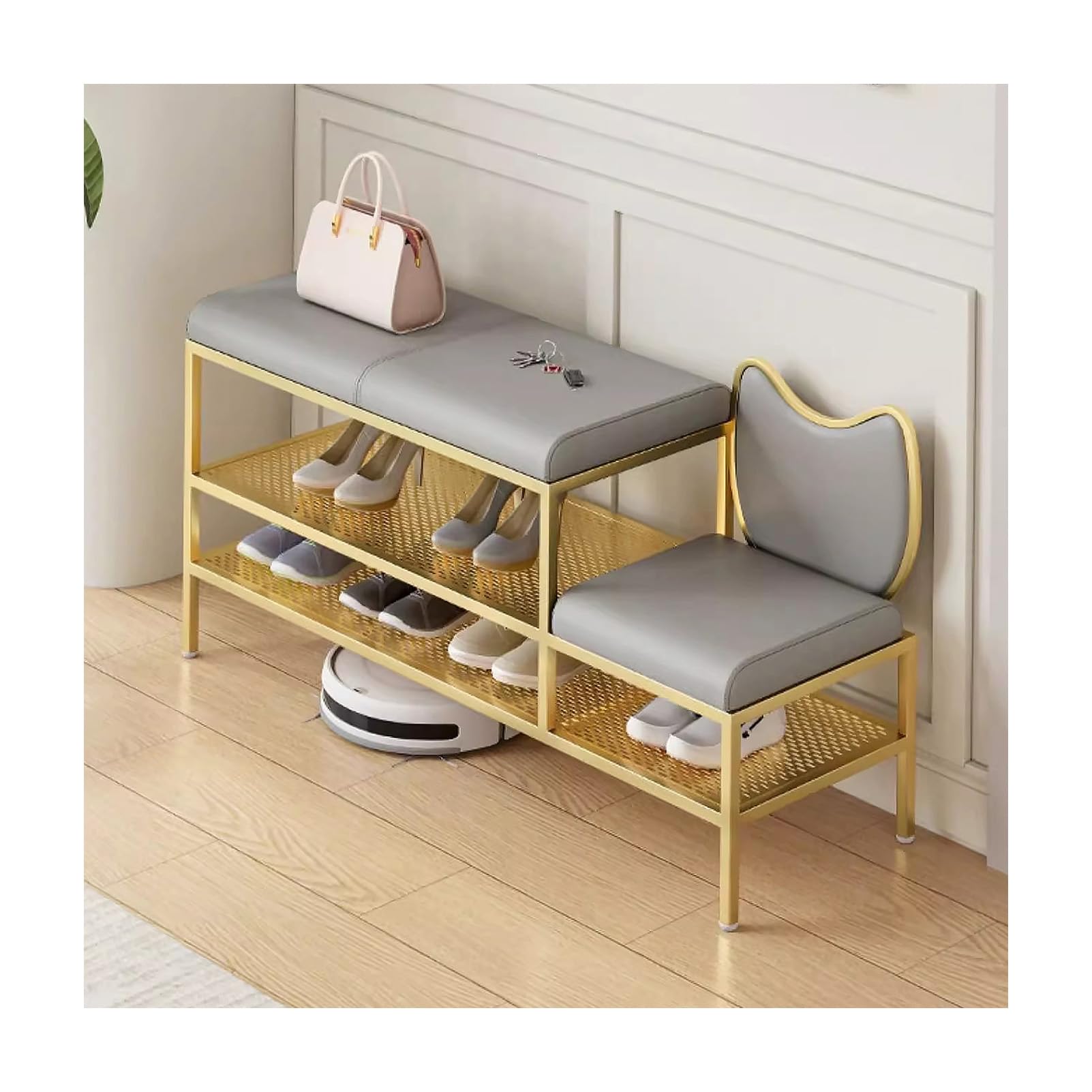 Banco Cambiador de Zapatos, Banco tapizado para Entrada con Almacenamiento de Zapatos y Asiento, Estante, Asiento Acolchado, Estructura metálica, Estilo rústico.