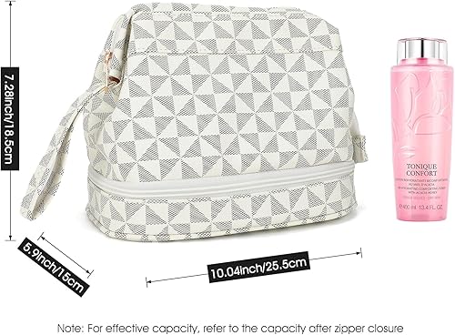 Miniatura 7 de XZQTIVE Bolsa de maquillaje de doble capa Bolsa de cosméticos de cuero Bolsa de aseo de viaje portátil Bolsa de baño a cuadros espaciosa