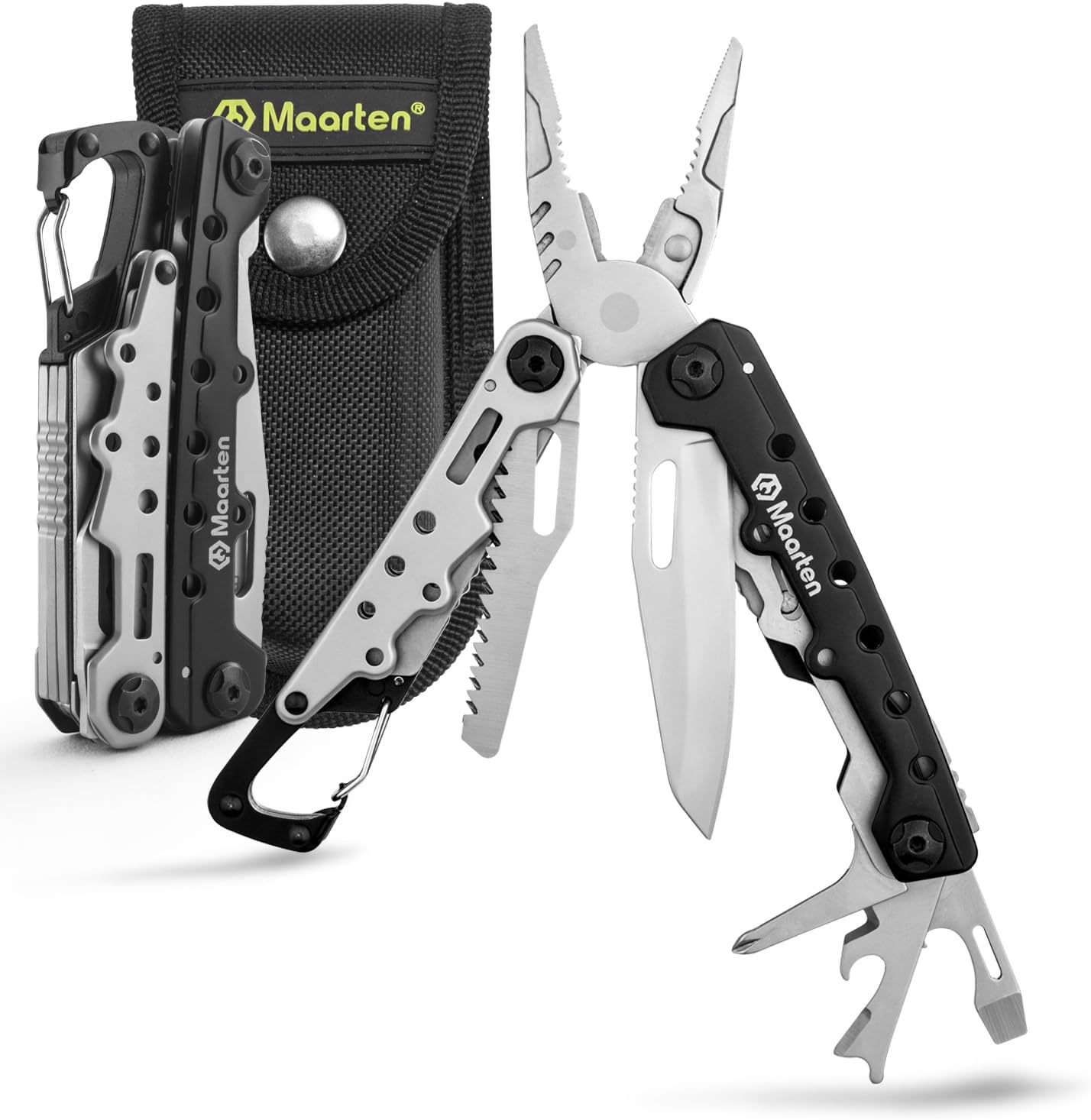 Lightweight Multitool Pliers, 11 in 1 Suspension Multi-Plier with Carabiner, Stainless Steel Portable Pocket Keychain Multi tool with Spring Pliers, Folding Saw, Bottle Opener and Sheath