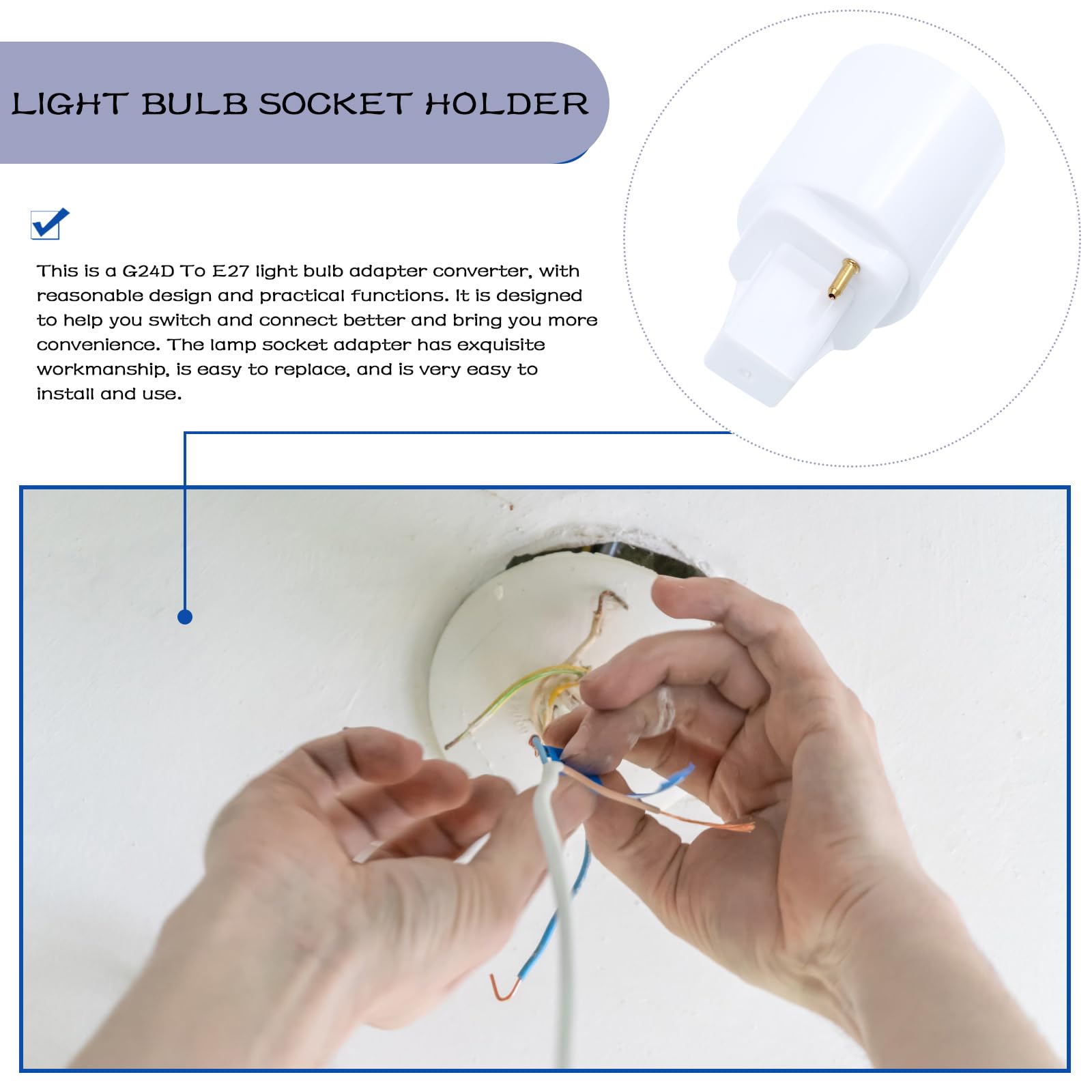 Housoutil Lamp G24 to E27 Adaptador G24D de 2 pines adaptador E27 rosca de tornillo para convertidor de bombillas LED