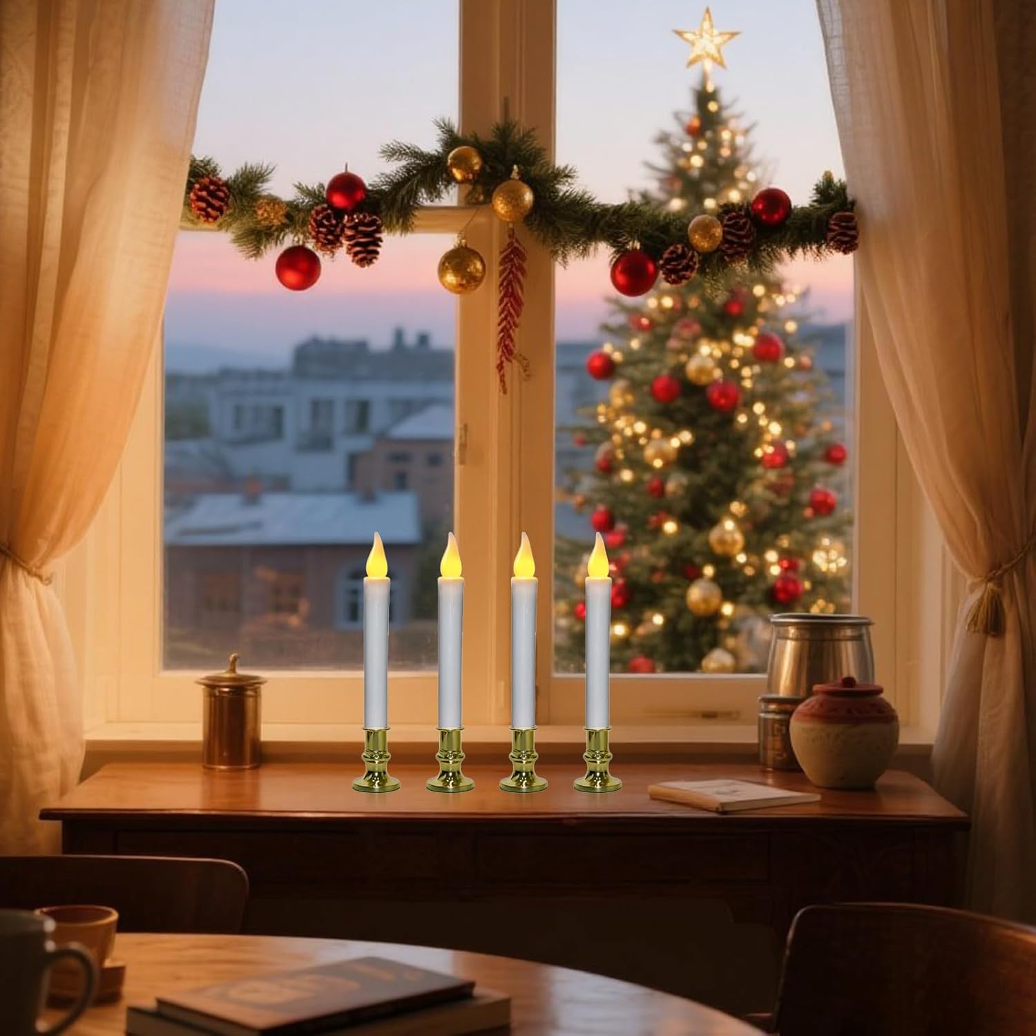 4Pack Christmas Window Candles Battery Operated with Timer, 6H/18H Auto On/Off, LED Flameless Candles with Realistic Flickering Flame and Suction Cups for Holiday Home Decor