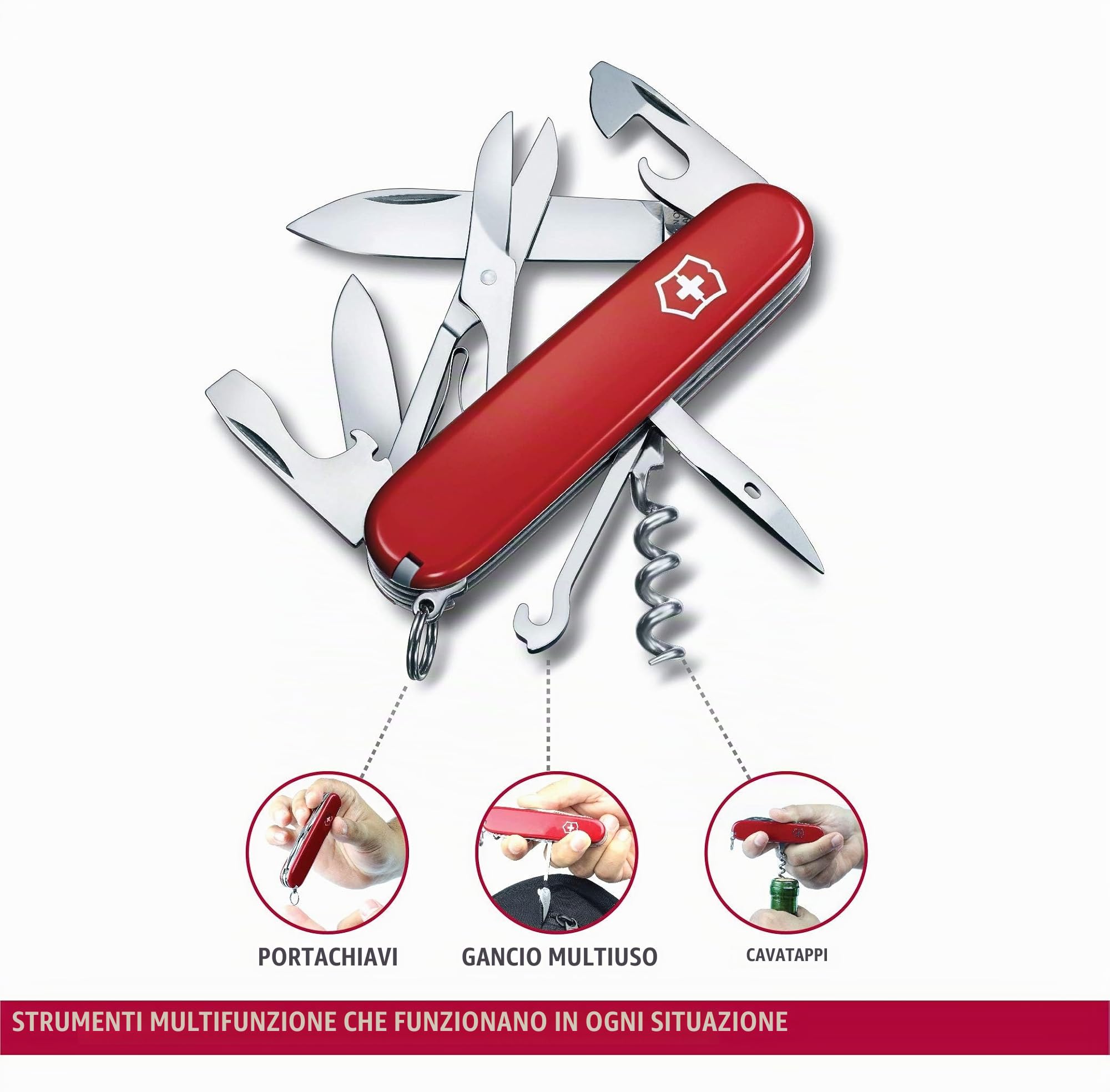 Victorinox Coltellino Svizzero Climber, 14 Funzioni, Made in Switzerland, Multiuso con Forbici, Lama, Apriscatole, Cacciavite, Apribottiglie, Rosso